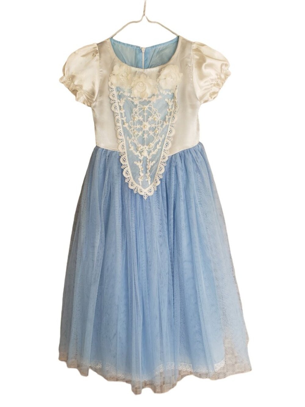 Girls 6 Elegant Dress Blue White Satin Lace Puff Sleeves Floral Pearl Accents Tu
